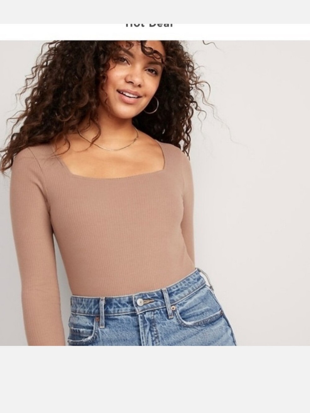 Old Navy Ribbed Square-Neck Long-Sleeve Top in Taupe Size Medium